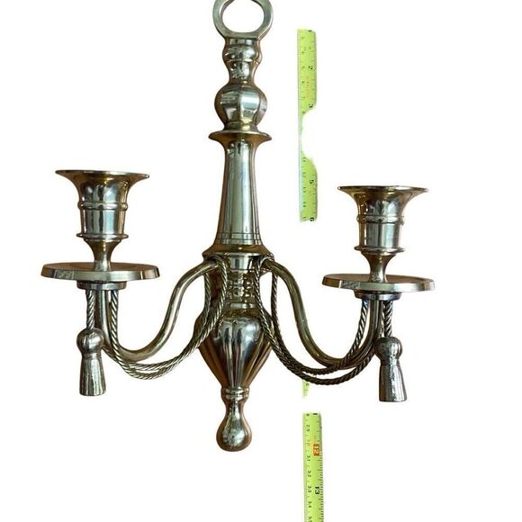 Vintage Set of 2 Solid Brass Tassel Rope Double Arm Wall Sconces 13" tall - Picture 3 of 6